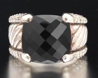 David Yurman Sterling Silver, Black Onyx and Diamond Ring 