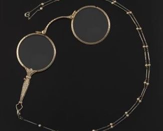 Edwardian Gold Lorgnette on Chain with Seed Pearls 