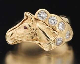 Elegant Gold, Diamond and Ruby Equestrian Ring 