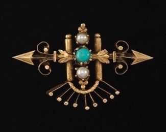 Etruscan Revival Gold, Turquoise and Seed Pearl Pin Brooch 