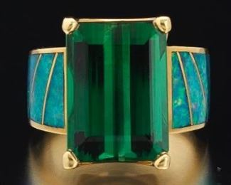 Fairchild Co. Gold, Green Tourmaline and Black Opal Ring 