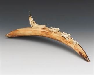First Nation Gabriel Gologergen Carved Mammoth Tusk and Walrus Tusk Dogsled Grouping 