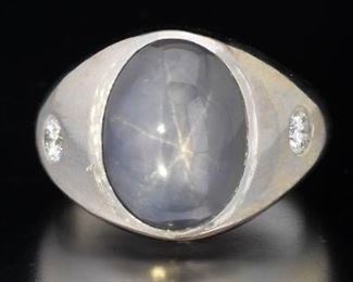 Gentlemens Platinum, Blue Star Sapphire and Diamond Ring 