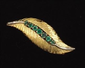 Gold and Emerald Leaf Brooch 