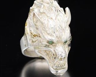 Impressive Artisan Sterling Silver an Black Opal Wolf Head Ring 