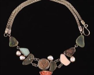 J. Lee Artisan Sterling Silver, Gem Stones, Pearls and Enamel Necklace 