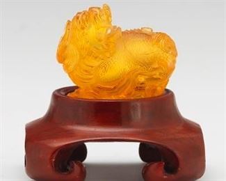 Japanese Amber with Insect Foo Lion Netsuke, on Wood Stand 