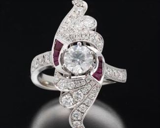 Ladies 0.92 Carat Center and Ruby Ring 
