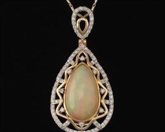Ladies 16.27 Carat Opal and Diamond Pendant on Chain, GAL Report 