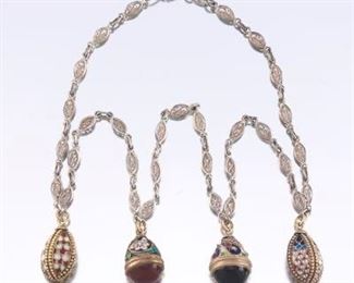 Ladies Antique and Vintage Sterling Silver, Gems and Enamel Faberge Style Eggs Charms Necklace 