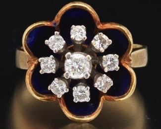 Ladies Antique Gold, Cobalt Enamel and Diamond Floral Ring 