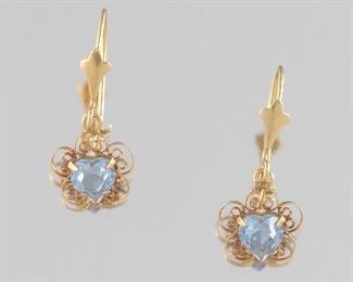 Ladies Antique Pair of Gold and Heart Shape Topaz Earrings 