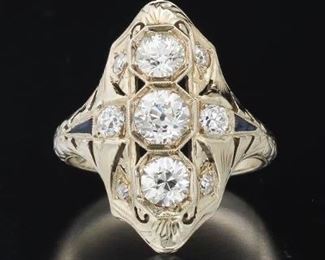 Ladies Art Deco Gold, Diamond and Blue Sapphire Ring 