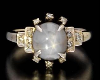 Ladies Art Deco Gold, Natural Star Blue Sapphire and Diamond Ring 