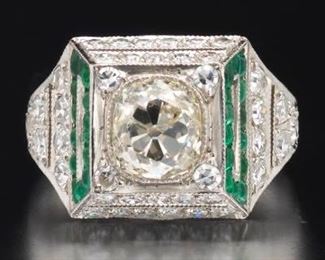 Ladies Art Deco Platinum, Diamond and Emerald Ring 