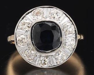 Ladies Art Deco TwoTone Gold, Blue Sapphire and Diamond Ring 