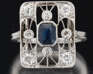 Ladies Edwardian Platinum, Blue Sapphire and Diamond Ring 