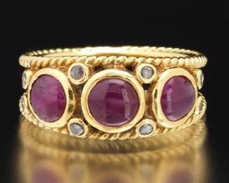 Ladies Elizabeth Cage Style 19K Gold, Ruby and Diamond Ring 
