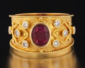 Ladies Elizabeth Gage Style Gold, Ruby and Diamond Ring 
