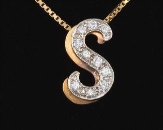 Ladies Gold and Diamond S Pendant on Chain 