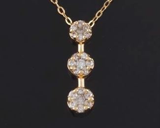 Ladies Gold and Diamond Triple Cluster Pendant on Chain 
