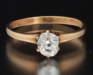 Ladies Gold and Old Mine Cut Solitaire Diamond Ring 