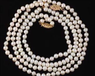 Ladies Gold and Pearl Necklace and Pair of Bracelets 