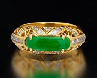 Ladies Gold, Apple Green Jadeite Jade and Diamond Saddle Ring 