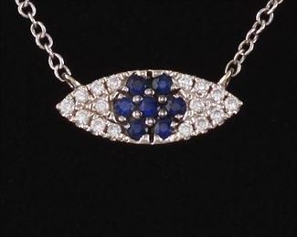 Ladies Gold, Blue Sapphire and Diamond Protection Against Evil Eye Necklace 