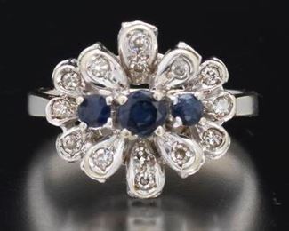 Ladies Gold, Blue Sapphire and Diamond Cluster Ring 