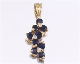 Ladies Gold, Blue Sapphire and Diamond Floral Cluster Pendant 