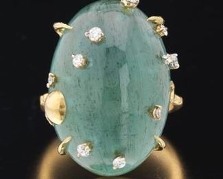 Ladies Gold, Bluish Green Tourmaline and Diamond Fashion Ring 