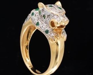 Ladies Gold, Diamond and Emerald Cartier Style Panther Ting 