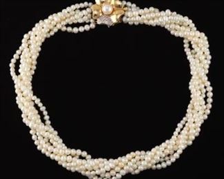 Ladies Gold, Diamond and Pearl Torsade Necklace 