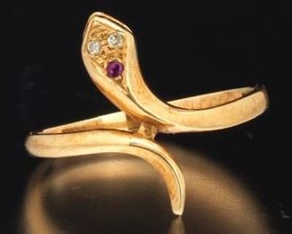 Ladies Gold, Diamond and Ruby Elegant Serpent Ring 