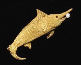 Ladies Gold, Diamond and Ruby Marlin Fish Pin Brooch 