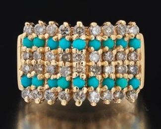 Ladies Gold, Diamond and Turquoise Piramidal Ring 