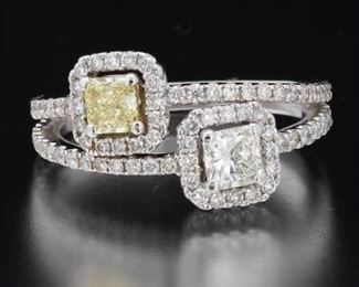 Ladies Gold, Fancy Yellow and White Diamond Bypass Ring 