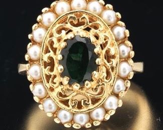Ladies Gold, Green Tourmaline and Seed Pearl Ring 