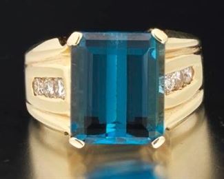 Ladies Gold, London Blue Topaz and Diamond Ring 