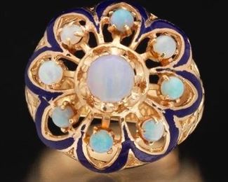 Ladies Gold, Opal and Enamel Dome Princess Ring 