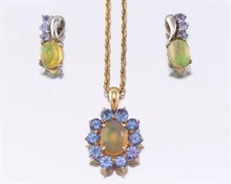 Ladies Gold, Opal and Tanzanite Pendant on Gold Filled Chain and Pair of Sterling, Opal and Tanzanite Earrings 