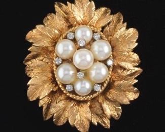 Ladies Gold, Pearl, and Diamond Brooch 