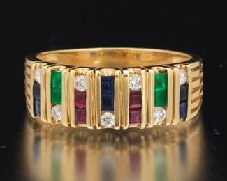Ladies Gold, Ruby, Emerald, Blue Sapphire and Diamond Band 