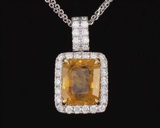 Ladies Gold, Yellow Sapphire and Diamond Pendant on Diamond by the Yard Double Chain 