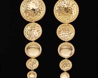 Ladies Italian Gold Pair of Hammered and High Polished Gradual Discs Earrings 