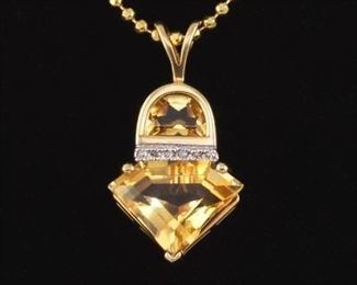 Ladies Italian Gold, Amber Citrine and Diamond Pendant on Chain 