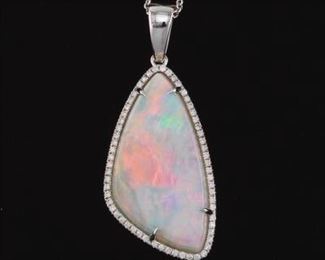 Ladies Italian Gold, Opal and Diamond Pendant on Chain 