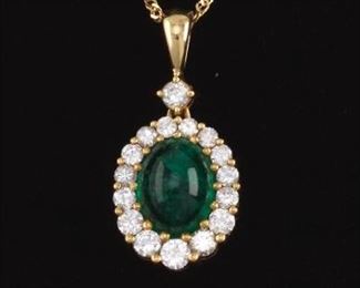 Ladies Italian Gold, Emerald and Diamond Pendant on Chain 