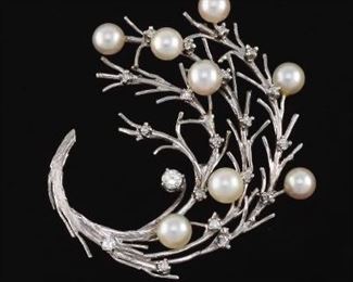 Ladies KARBRA Vintage Gold, Pearl and Diamond Organic Spray Pin Brooch 
